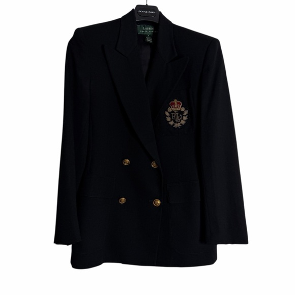 Vintage Ralph Lauren Noir Crest Wool Black Double Breasted Blazer - Picture 2 of 11